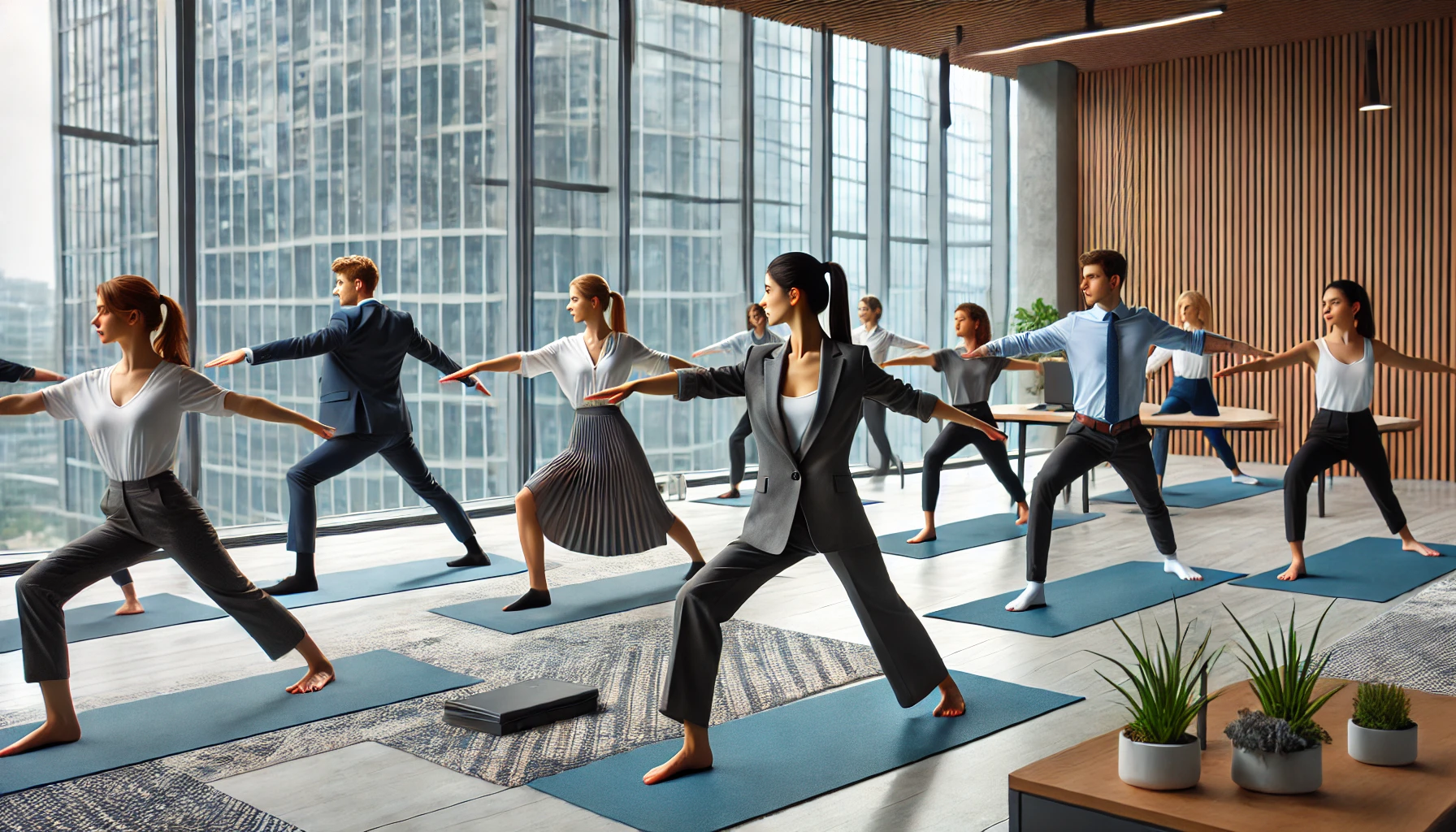 Corporate professionals practicing yoga